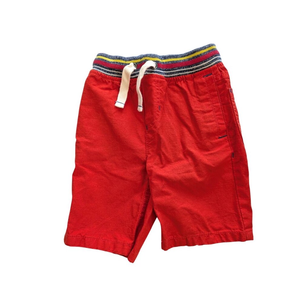 Mini Boden Boys Red Cotton Drawstring Waist Shorts With Rainbow Striped Waistban